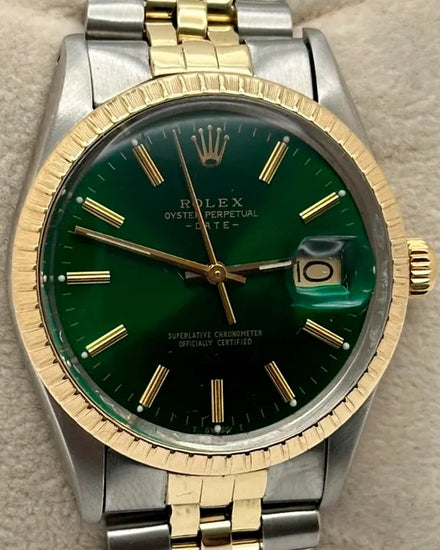 1981 (7 Mil. Serial) Rolex Oyster Perpetual Date 34MM Aftermarket Green Dial Two-Tone Jubilee Bracelet (15053)