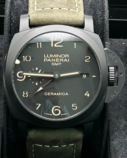Panerai Luminor 1950 3 Days GMT 44MM Black Dial Aftermarket Leather Strap (PAM00441)