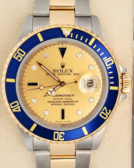 Rolex Submariner Date "Bluesy" 40MM Champagne "Serti" Dial Two-Tone Oyster Bracelet (16613)