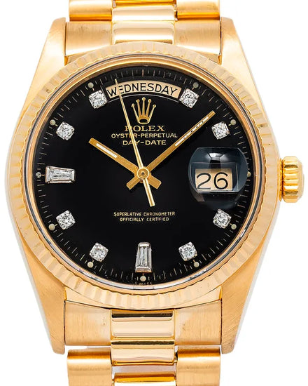 1986 (8.9 Mil. Serial) Rolex Day-Date 36MM Aftermarket Black Dial Yellow Gold President Bracelet (18038)