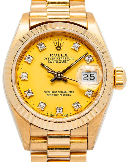 1984 (8.3 Mil. Serial) Rolex Lady-Datejust 26MM Gold Dial Yellow Gold President Bracelet (69178)