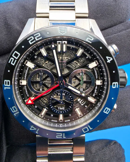 2022 Tag Heuer Carrera GMT "Batman" 45MM Skeleton Dial Steel Bracelet (CBG2A1Z.BA0658)