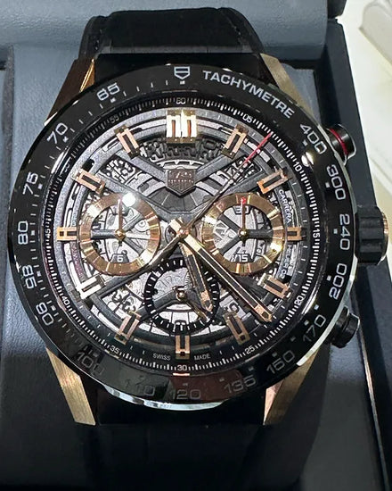 Tag Heuer Carrera Calibre Chronograph 45MM Skeleton Dial Leather Strap (CBG2A50.FC6450)