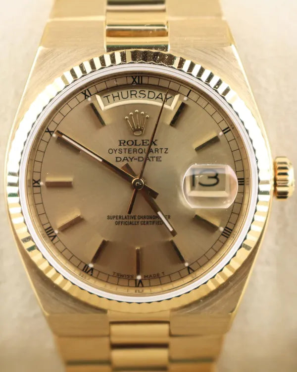 1983 (7.5 Mil Serial) Rolex Day-Date 36MM Quartz Champagne Dial Yellow Gold Oysterquartz Bracelet (19018)