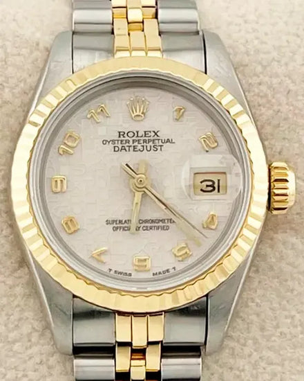 1986 (9.2 Mill Serial) Rolex Lady-Datejust 26MM White "Jubilee Motif" Dial Two-Tone Jubilee Bracelet (69173)