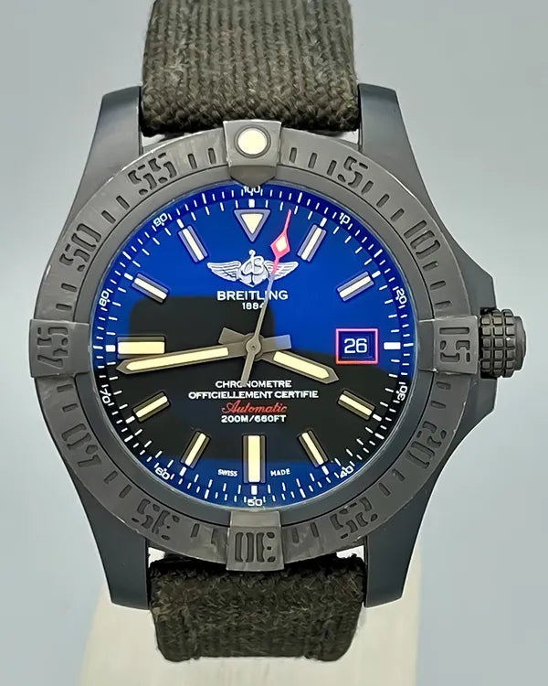 No Reserve - 2017 Breitling Avenger Blackbird 44MM Black Dial Textile Strap (V1731110/BD74)