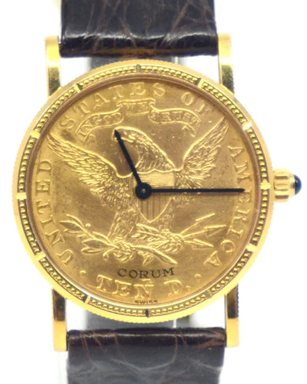 Corum Coin Watch Double Eagle Ten Dollar 28MM Gold Dial Leather Strap (170071)
