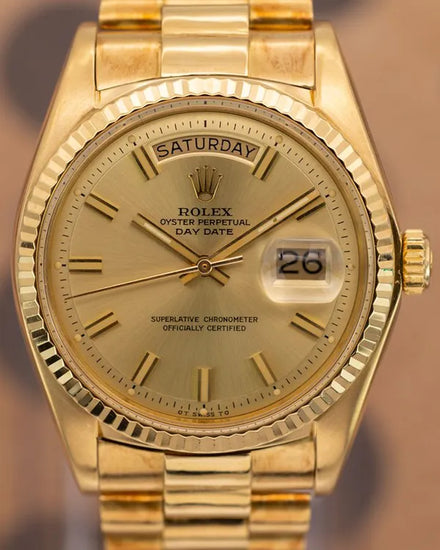 1973 (3.4 Mill. Serial) Rolex Day-Date 36MM "Wideboy" Champagne Dial Yellow Gold President Bracelet (1803)