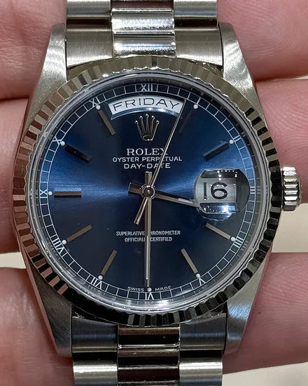 1990 Rolex Day-Date 36MM Blue Dial White Gold President Bracelet (18239)