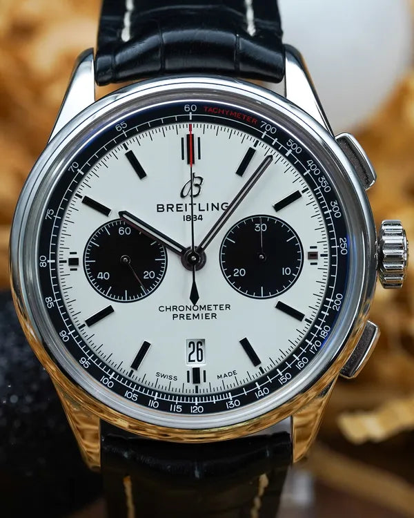 2022 Breitling Premier B01 Chronograph "Panda" 42MM Silver Dial Leather Strap (AB0118221G1P1)