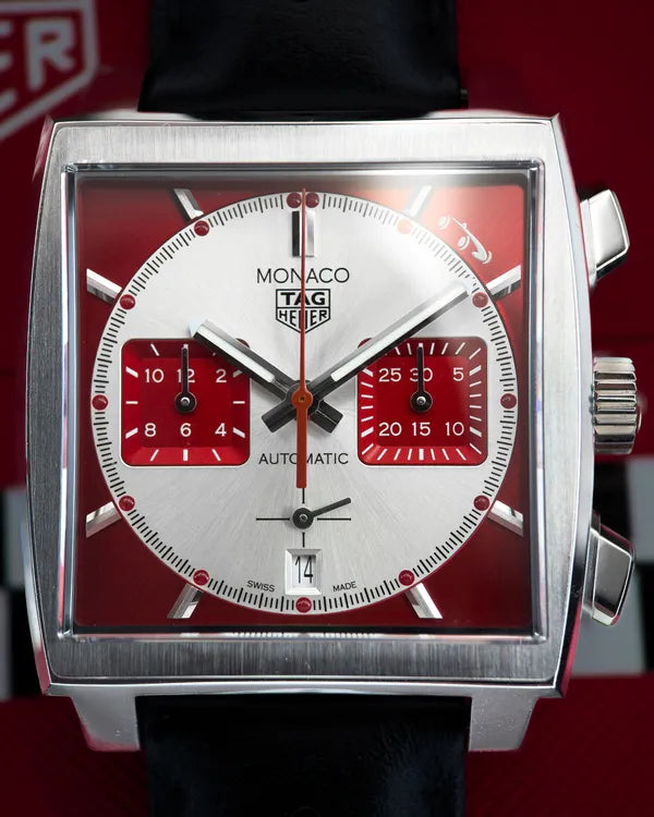 2022 Tag Heuer Monaco "Grand Prix Historique" L.E. 39MM Silver/Red Dial Leather Strap (CBL2114.FC6486)