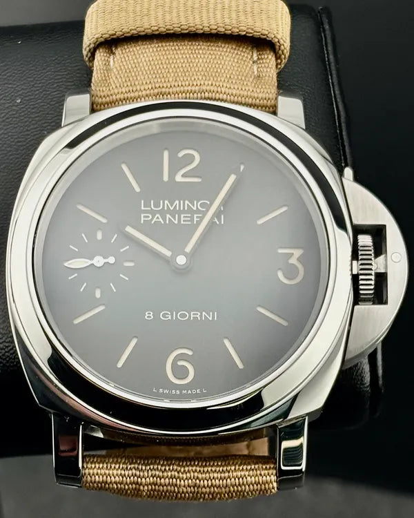 (Albert) 2021 Panerai Luminor Base 8 Days 44MM Black Dial Aftermarket Textile Strap (PAM00915)