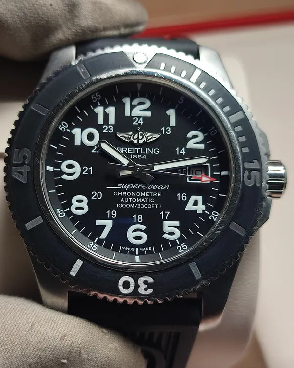 2017 Breitling Superocean II 44MM Black Dial Aftermarket Rubber Strap (A17392D7)