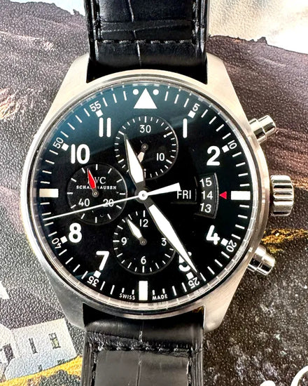2015 IWC Schaffhausen Pilot Chronograph 43MM Black Dial Leather Strap (IW377701)