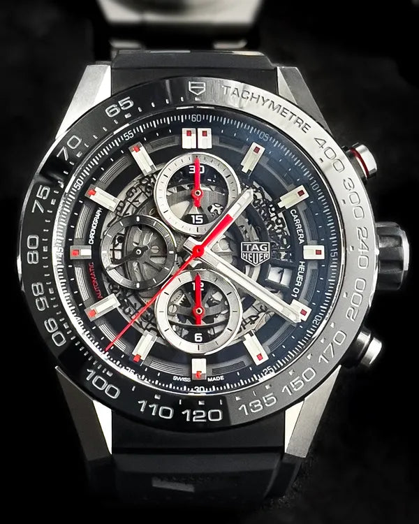 2018 Tag Heuer Carrera Calibre HEUER 01 45MM Skeleton Dial Rubber Strap (CAR2A1Z.FT6044)