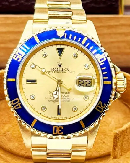 1989 Rolex Submariner Date "Serti" 40MM Champagne Dial Yellow Gold Oyster Bracelet (16618)
