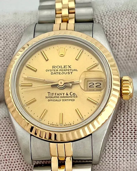 1986 (9.2 Mill. Serial) Rolex Lady-Datejust "Tiffany & Co." 26MM Champagne Dial Two-Tone Jubilee Bracelet (69173)