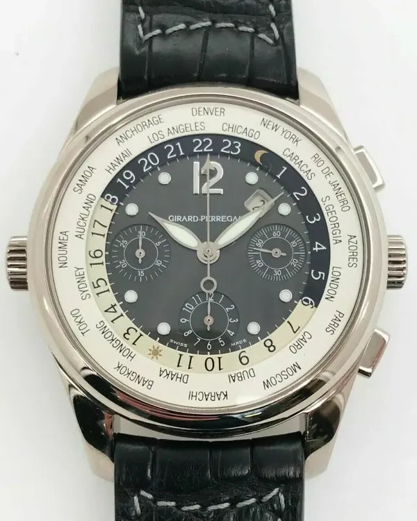 Girard Perregaux World Time Chronograph 43MM Black Dial Leather Strap (4980)