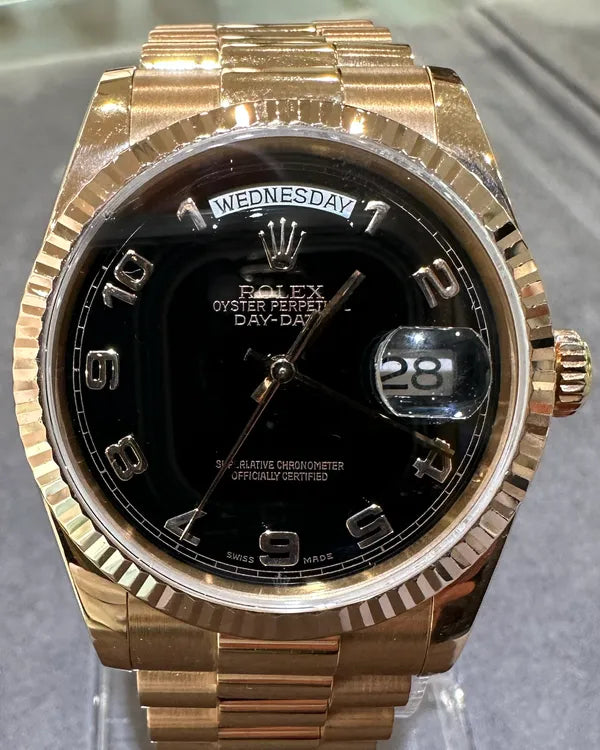2000 Rolex Day-Date 36MM Black Dial Rose Gold President Bracelet (118235)