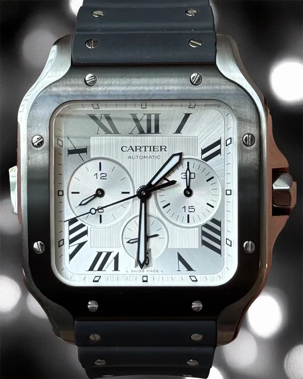 Cartier Santos De Cartier Chronograph 43.3MM Silver Dial Rubber Strap (WSSA0017)