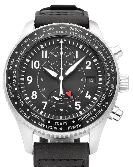 2025 IWC Schaffhausen Pilot Timezoner Chronograph 46MM Black Dial Leather Strap (IW395001)
