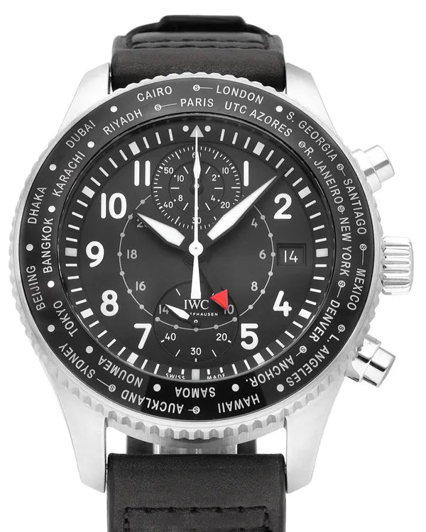 2025 IWC Schaffhausen Pilot Timezoner Chronograph 46MM Black Dial Leather Strap (IW395001)