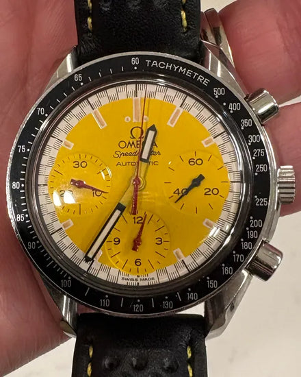 1998 Omega Speedmaster "Michael Schumacher" 39MM Yellow Dial Aftermarket Leather Strap (3810.12.40)