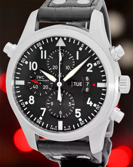 2013 IWC Schaffhausen Pilot Double Chronograph 46MM Black Dial Leather Strap (IW377801)