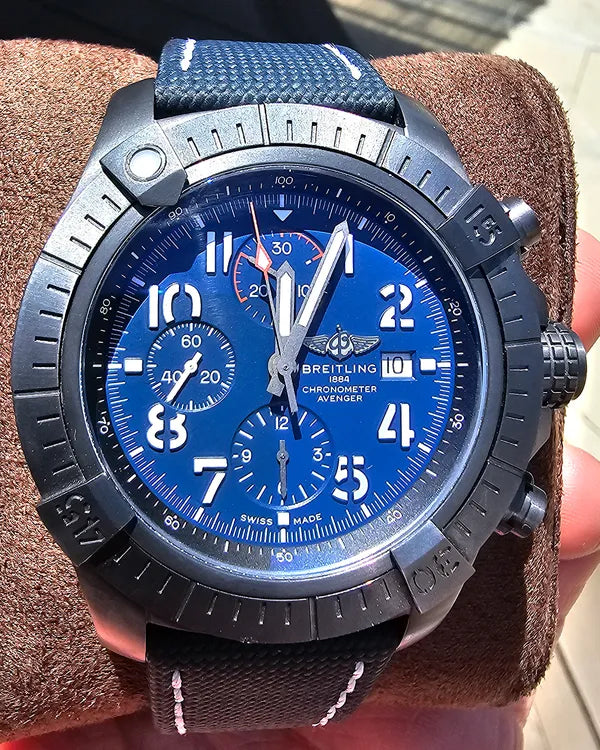 No Reserve - Breitling Super Avenger "Night Mission" 48MM Blue Dial Leather Strap (V13375)