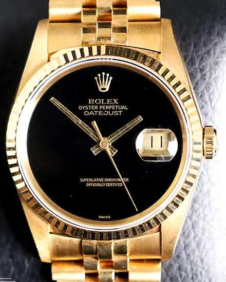 1991 (X Serial) Rolex Datejust 36MM Onyx Dial Yellow Gold Super Jubilee Bracelet (16238)