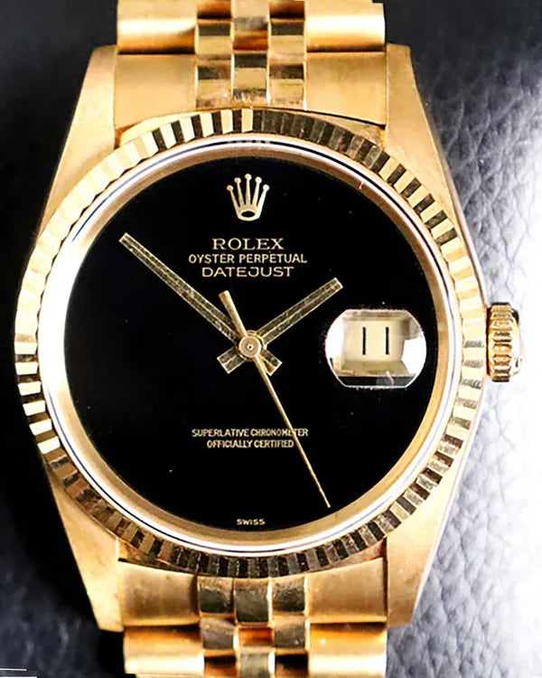 1991 Rolex Datejust 36MM Onyx Dial Yellow Gold Super Jubilee Bracelet (16238)