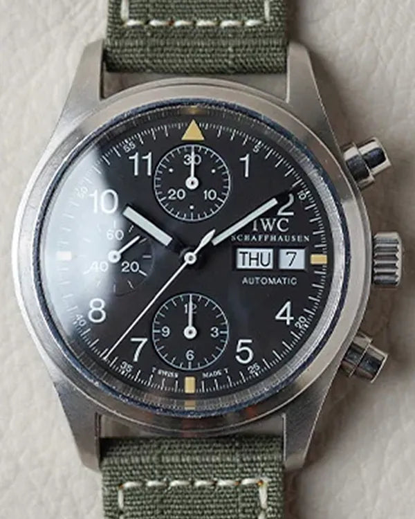 IWC Schaffhausen Pilot Flieger Chronograph 39MM Black Dial Aftermarket Textile Strap (IW370603)