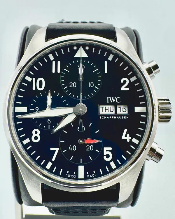 No Reserve - 2024 IWC Schaffhausen Pilot Chronograph 41MM Black Dial Leather Strap (IW388111)