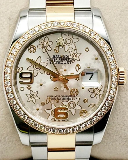 2010 Rolex Datejust 36MM Silver "Floral Motiff" Dial Two-Tone Oyster Bracelet (116243)