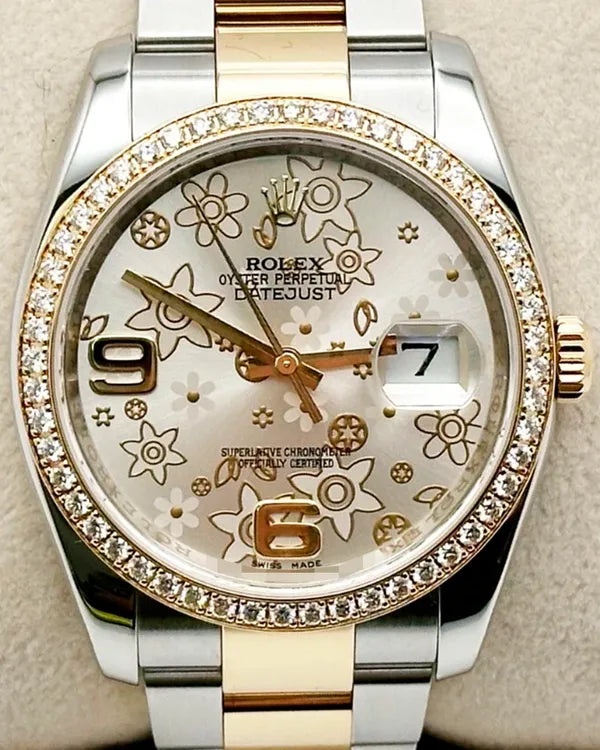 2010 Rolex Datejust 36MM Silver "Floral Motiff" Dial Two-Tone Oyster Bracelet (116243)