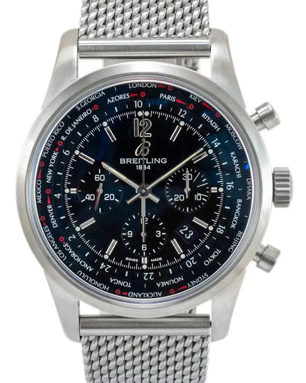 Breitling Transocean Chronograph Unitime 46MM Black Dial Steel Bracelet (AB0510)