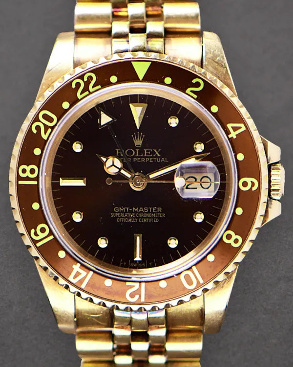 1983 Rolex GMT-Master 40MM "Nipple" Brown Dial Yellow Gold Jubilee Bracelet (16758)