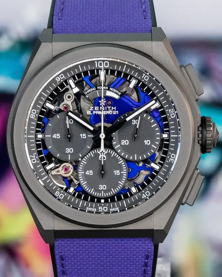 2025 Zenith Defy El Primero 21 Ultraviolet 1/100th Chronograph 44MM Skeleton Dial Textile Strap (97.9001.9004/80.R922)