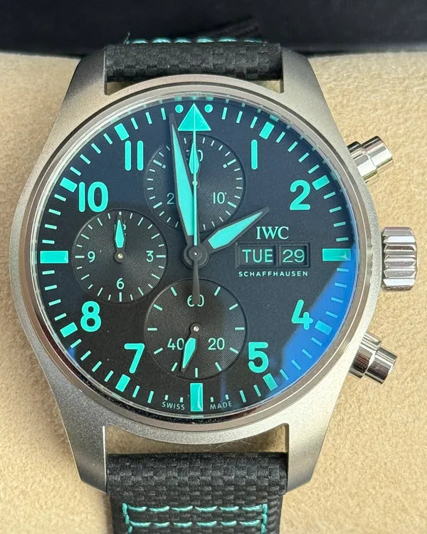 2025 IWC Schaffhausen Pilot Chronograph "Mercedes AMG Petronas F1" 41MM Black Dial Leather Strap (IW388108)