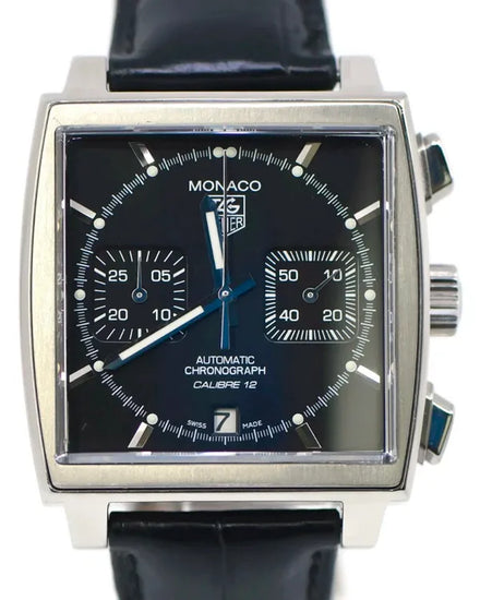 Tag Heuer Monaco Calibre 12 39MM Black Dial Leather Strap (CAW2110)