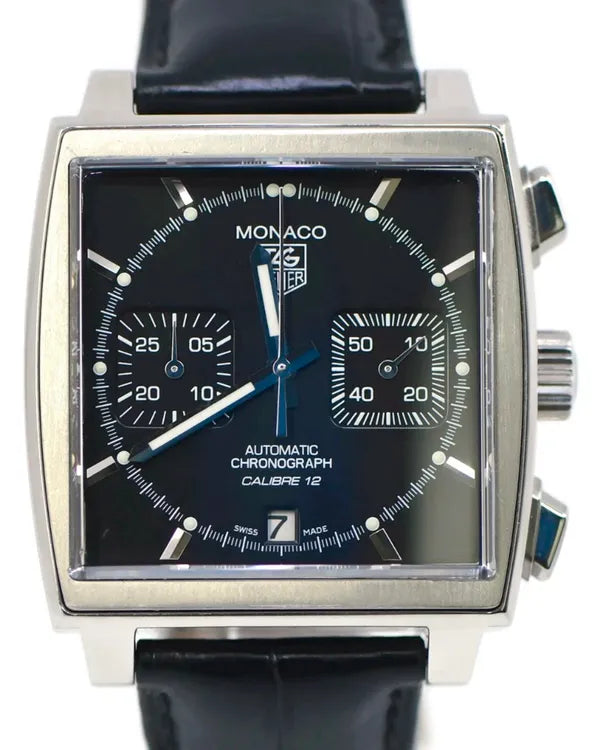 Tag Heuer Monaco Calibre 12 39MM Black Dial Leather Strap (CAW2110)