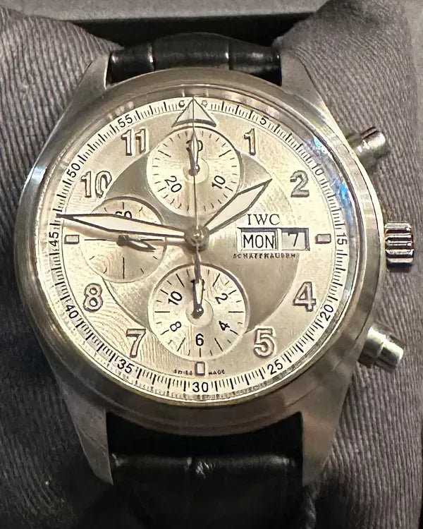 2009 IWC Schaffhausen Pilot Spitfire Chronograph 42MM Silver Dial Leather Strap (IW371702)