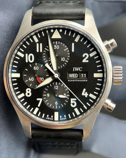 2018 IWC Schaffhausen Pilot Chronograph 43MM Black Dial Leather Strap (IW377709)
