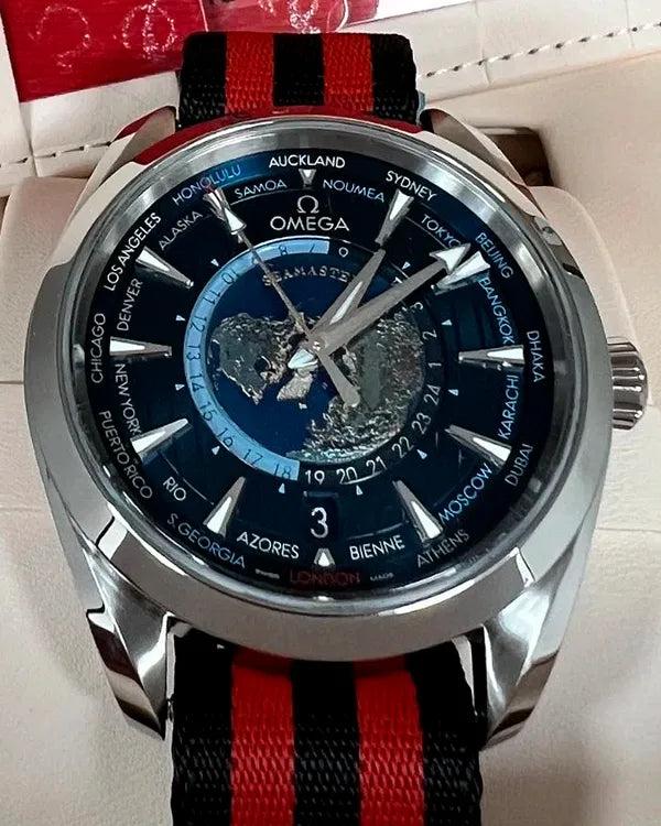 2022 Omega Seamaster Aqua Terra Worldtimer 43MM Blue Dial Aftermarket Textile Strap (220.12.43.22.03.001)