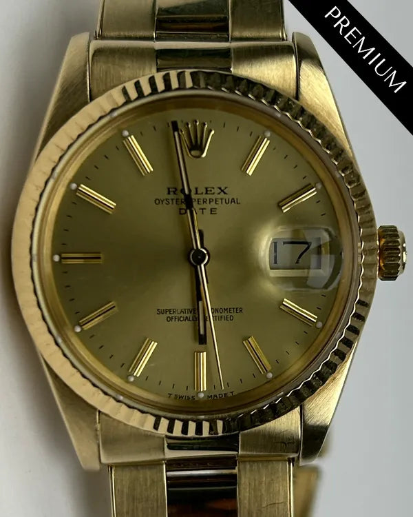 1990 Rolex Oyster Perpetual Date 34MM Champagne Dial Yellow Gold Oyster Bracelet (15037)