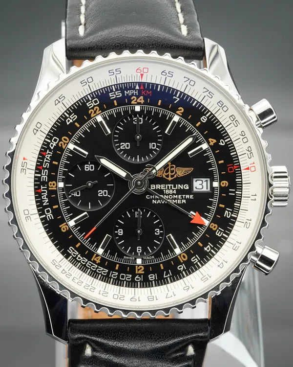 Breitling Navitimer World GMT 46MM Black Dial Leather Strap (A24322)