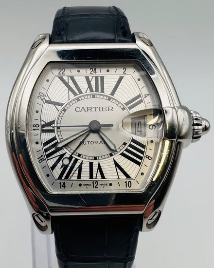 Cartier Roadster XL GMT 42MM Silver Dial Leather Strap (W62032X6)