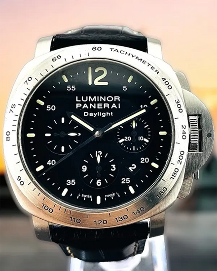 Panerai Luminor Chronograph Daylight 44MM Black Dial Leather Strap (PAM00250)