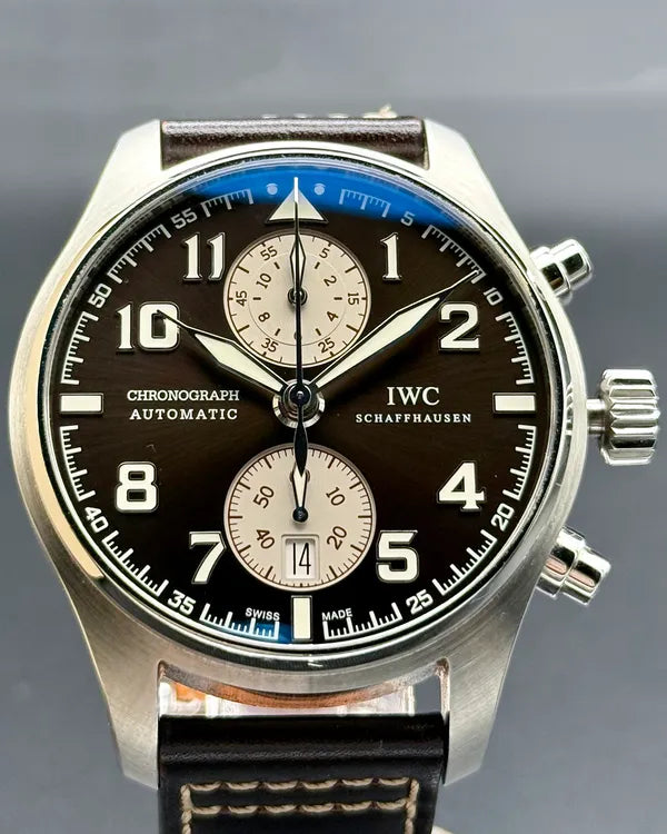 2014 IWC Schaffhausen Pilot Spitfire Chronograph “Antoine de Saint-Exupéry” 43MM Brown Dial Leather Strap (IW387806)
