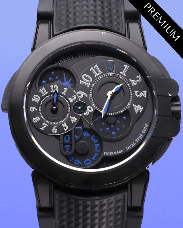Harry Winston Ocean Dual Time Black Edition 44MM Black Dial Rubber Strap (OCEATZ44ZZ007)